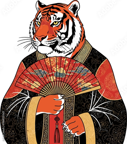 An anthropomorphic tiger wearing a traditional black and gold robe and holding a red and gold fan.