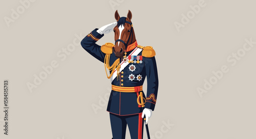 Horse-headed soldier saluting in formal military uniform.