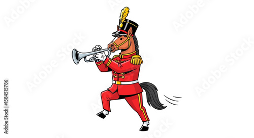 A cartoon horse, in a red military uniform, plays a trumpet while marching.