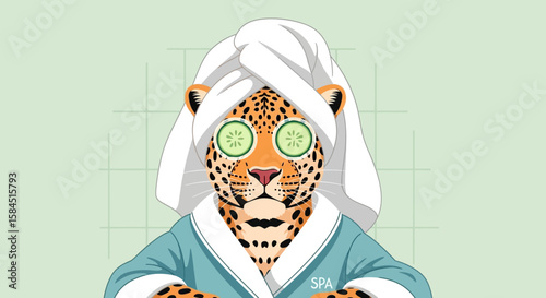 An illustration of a leopard wearing a towel on its head and cucumber slices on its eyes, relaxing in a spa.