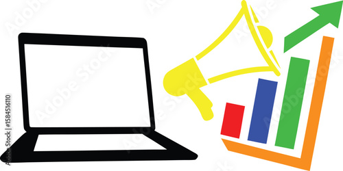 Digital Marketing Growth Vector with Laptop, Megaphone, and Chart