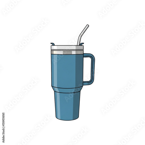 Blue insulated tumbler with handle, lid, and reusable metal straw.