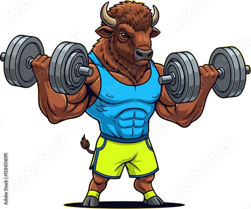 Cartoon bison lifting weights, showcasing muscular physique and athleticism.