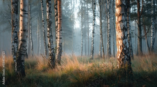 Fototapeta Naklejka Na Ścianę i Meble -  Birch forest with peeling beige bark, morning mist floating between trunks