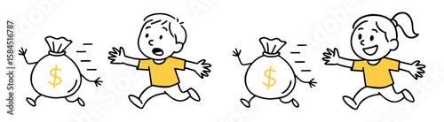 Boy And Girl Chasing Money Bag. Finance, Debt, Economy, Investment, Humor, Stress, Finance Fear, Money Problems Concept. Hand-Drawn Doodle Style Line Vector Illustration.