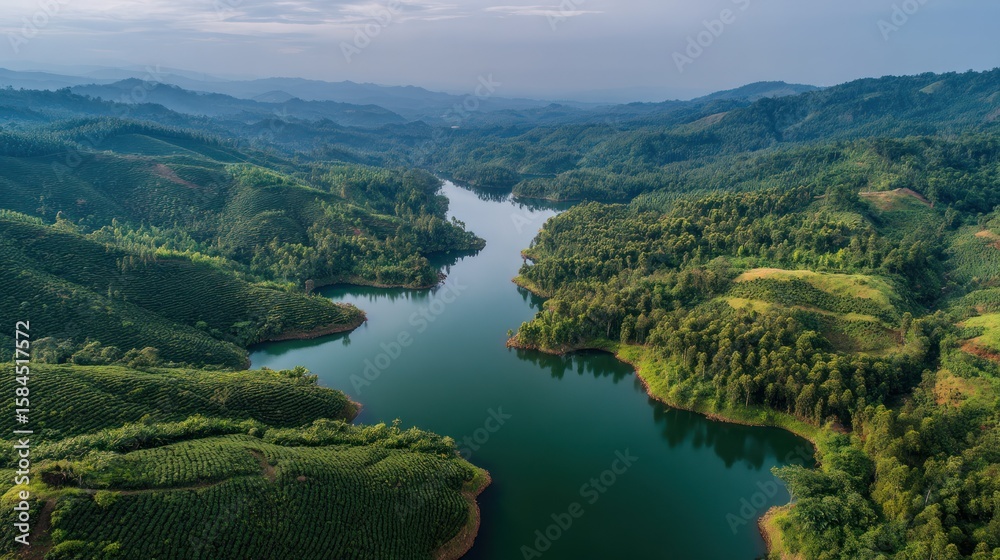 Coffee plantation reservoir lake aerial view Coffee plantation reservoir lake aerial view