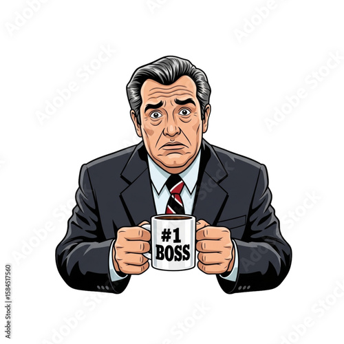 A stern-faced man in a suit holds a "#1 Boss" mug, conveying a powerful yet slightly unhappy executive persona.