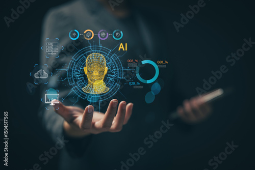 ai future technology. ai icon in businessman's hand. concept of using ai technology to help in work. calculation and creating something according to the command