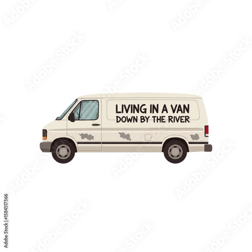 A white van illustration with text, depicting the concept of living by a river.