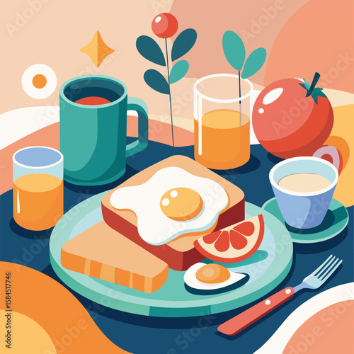 Colorful illustrated breakfast featuring toast eggs tomatoes juice and coffee on a plate