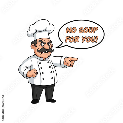 Angry chef cartoon character pointing and refusing soup.
