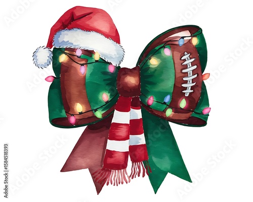 Christmas Football Gift Bow Festive Watercolor Design