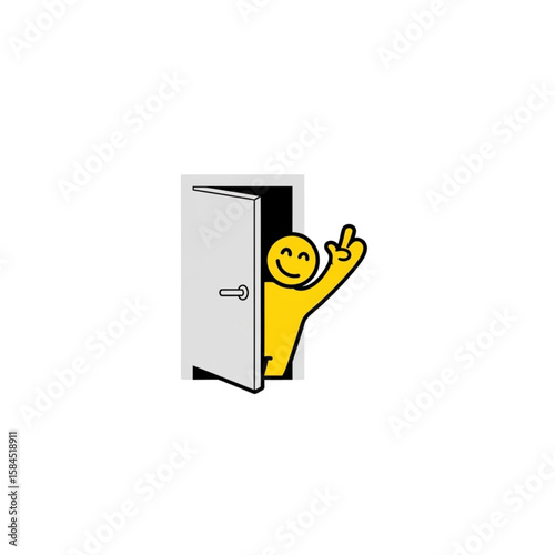 A cheerful cartoon figure emerges from an open door, welcoming the viewer.