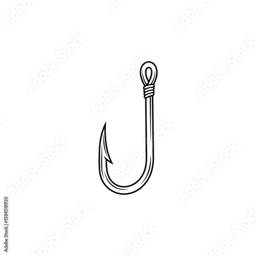 A detailed line drawing of a fishing hook, showing its sharp point and tied loop.