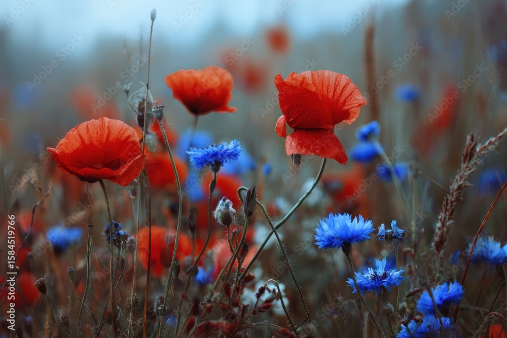 Obraz premium Red poppies and blue cornflowers bloom in a natural meadow