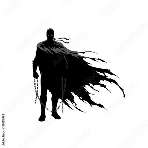 Silhouette of a dark, mysterious figure with chains, dramatic cape.