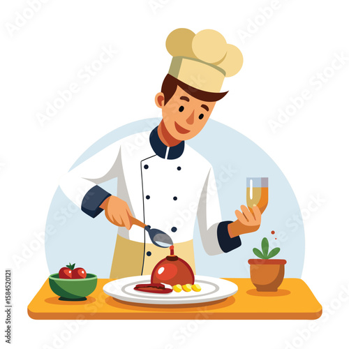 Smiling chef prepares delicious dish with tomatoes and garnishes on a table