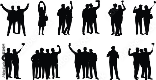 Silhouettes of friends and people taking selfies, using smartphones, posing, capturing moments, casual photos, digital tech lifestyle, happy social group