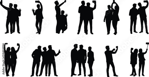 People silhouettes taking selfies using smartphones, posing in groups, friends and couples smiling, technology in hands, self-portrait photography, modern snapshots