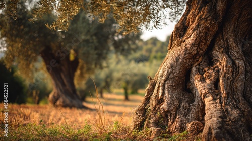Ancient olive grove in Tuscany at golden hour, warm beige tones with textured bark details