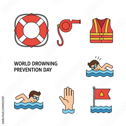 Safety First Water Safety Icons for World Drowning Prevention Day, promoting swimming safety and drowning prevention awareness.