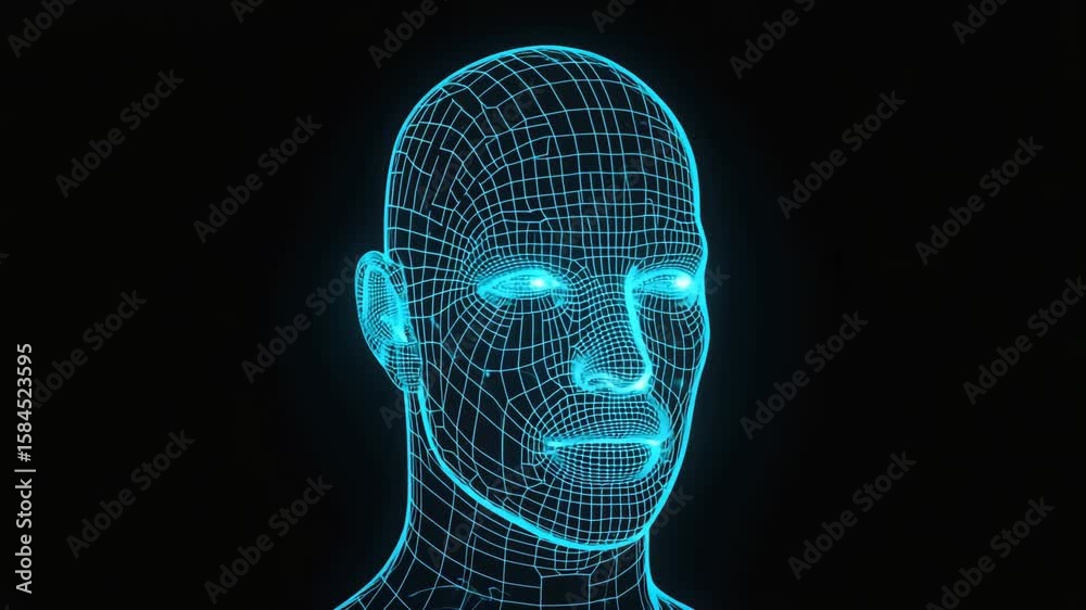 A digital face scan interface with animated mapping lines and point tracking. Futuristic and loop-ready.