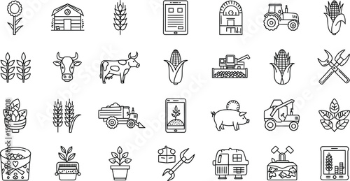 Vector art of a collection of agriculture and farming icons isolated on white background showcases rural life