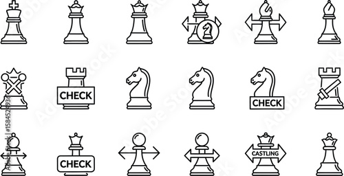 Vector art of a set of chess piece icons isolated on white background represents strategy and intellect