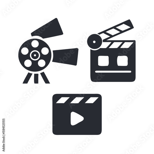 A movie reel, clapperboard, and play button are isolated on white background