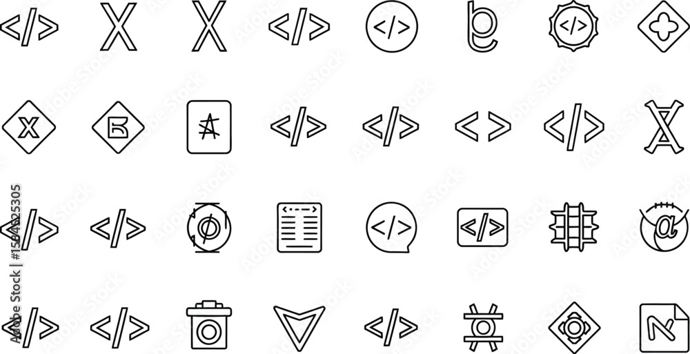 Fototapeta premium Vector art of a set of coding icons isolated on white background presents various symbols related to programming, web development, and scripting