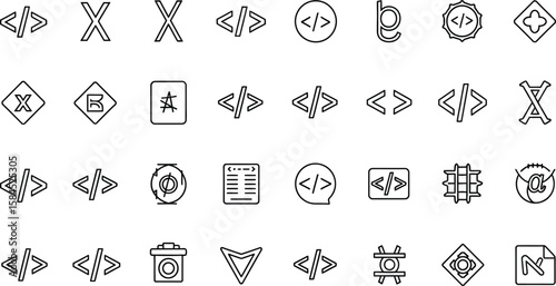 Vector art of a set of coding icons isolated on white background presents various symbols related to programming, web development, and scripting
