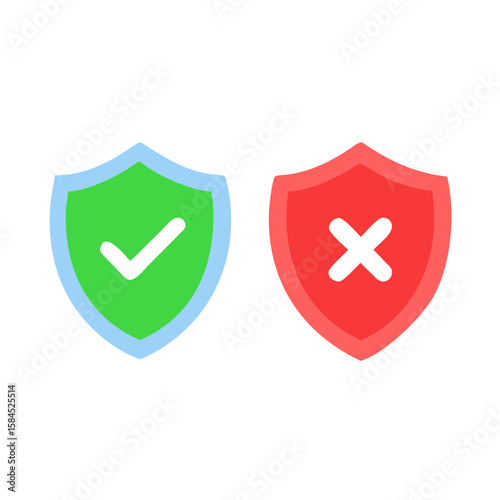Green check mark shield and red cross shield isolated on white background