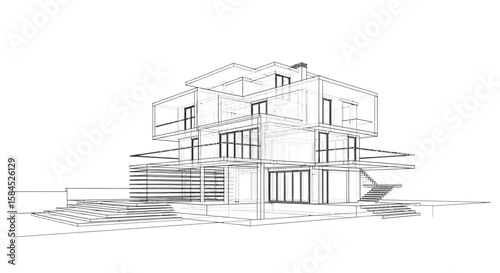 Wireframe sketch of a modern twostory house with large windows and balconies
