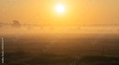 Serene misty landscape at dawn with radiant sunlight and warm golden tones
