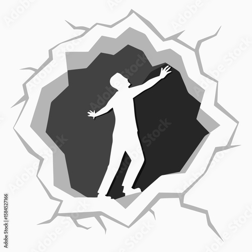 A person emerges from a dark hole created by a breaking wall, symbolizing escape or breakthrough