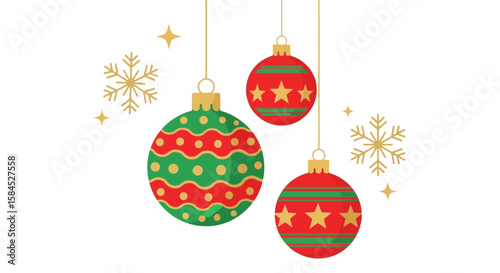 Three festive christmas ornaments with star and wave patterns hang with snowflakes and stars