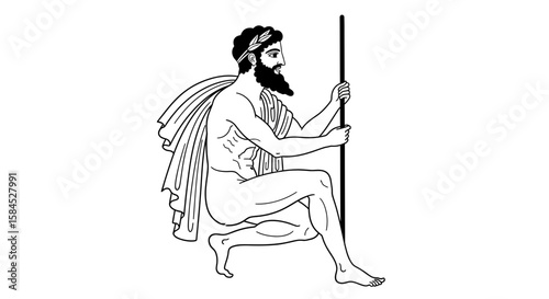 An ancient greek god with a beard and laurel wreath, kneeling and holding a staff, depicted in a line art style