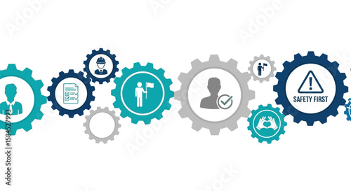 Interlocking gears with icons representing teamwork, safety, and business processes in a modern industrial concept