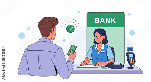A bank teller assists a customer at the counter, handling a cash transaction with a payment terminal