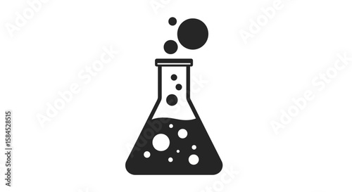 A black and white illustration of a laboratory flask with bubbles rising from a liquid inside