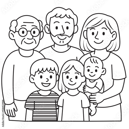 Line art of multigenerational family portrait: grandparents, parents, and children. Perfect for coloring books, family education, community values, and generational relationships.