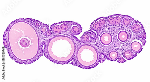 Microscopic view of ovarian follicles showing developing eggs and surrounding 