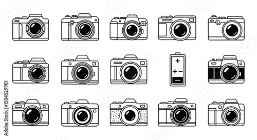 A collection of various camera icons in a flat design style, presented on a white 