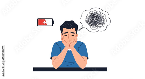 A man looking exhausted with a low battery symbol and a tangled thought bubble above his 