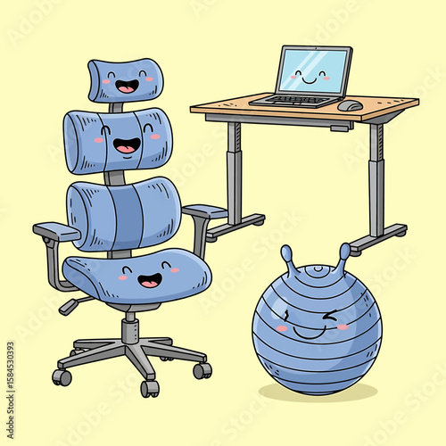 Cute Ergonomic Office Setup Cartoon with Laptop, Desk, Chair, and Ball