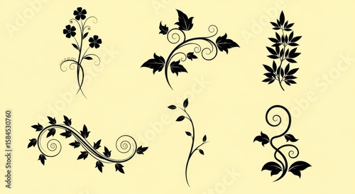 Set of vector floral decorative elements with swirls and leaves