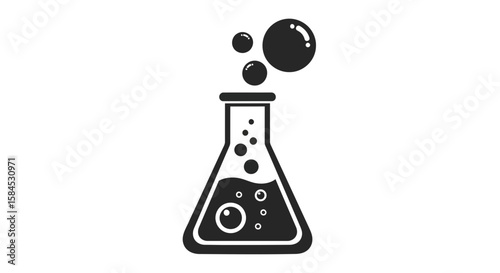 A black and white illustration of a laboratory flask bubbling liquid inside and rising bubbles