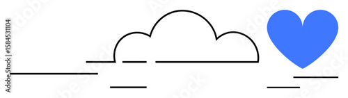 Black outlined cloud with a vibrant blue heart floating beside, expressing unity, care, and uplifting emotions. Ideal for technology, nature, well-being, relationships, environmental care