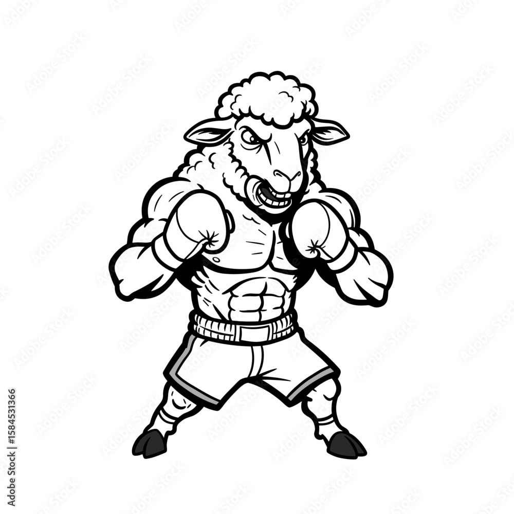 Fototapeta premium Muscular sheep wearing boxing gloves and shorts in fighting stance 