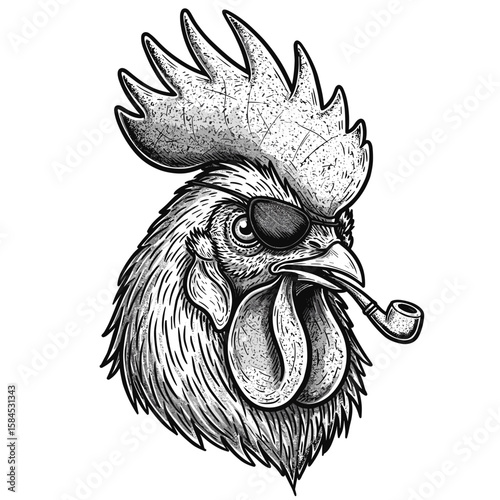 Pirate rooster with eyepatch and pipe in tattoo-style engraving  